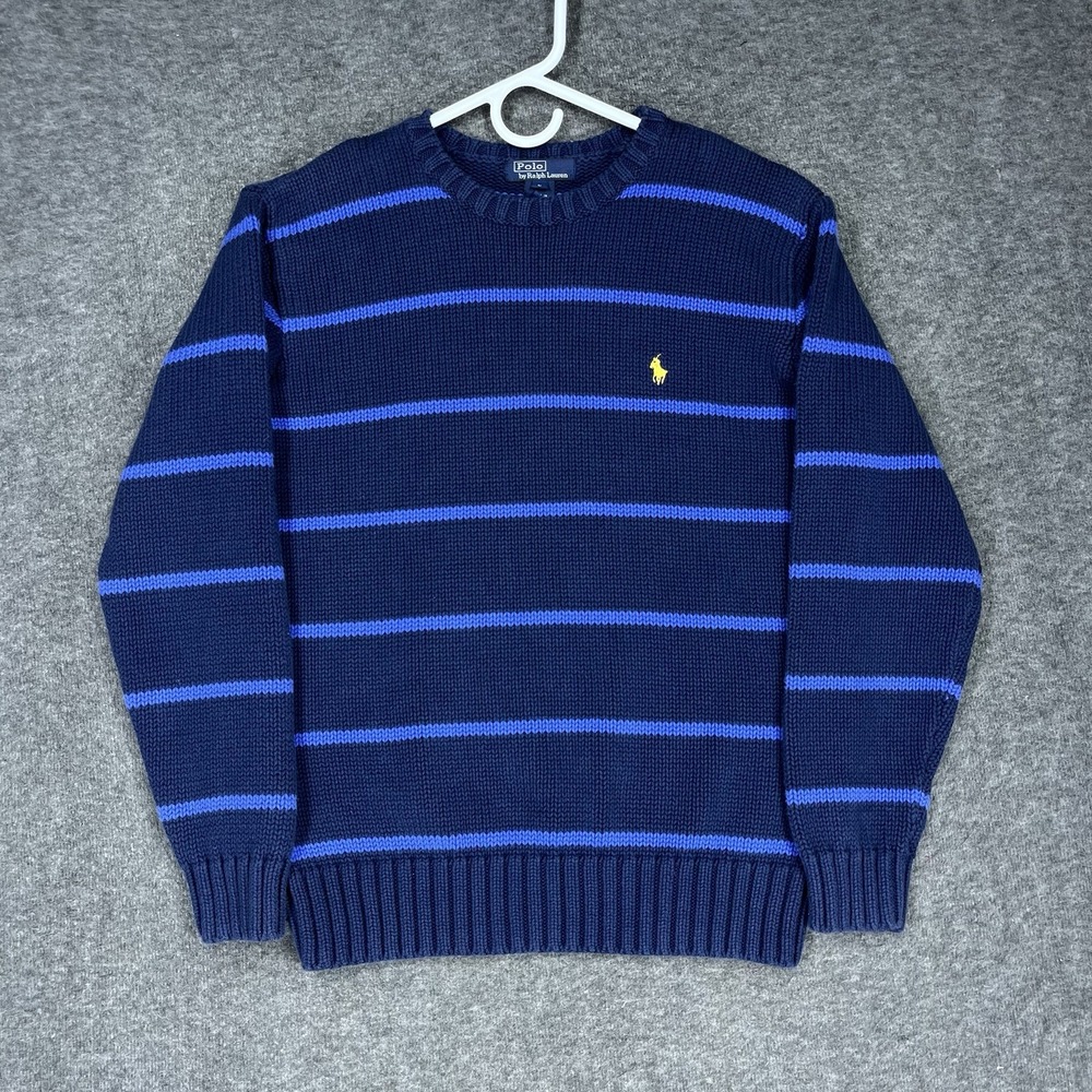 Vintage Polo Ralph Lauren Sweater Boys Large Blue Striped Chunky Knit Preppy